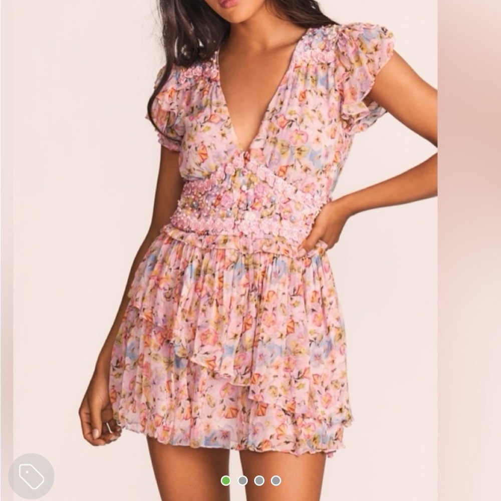 LoveShackFancy Pink Flutter Sleeve Beaded Mini Dress